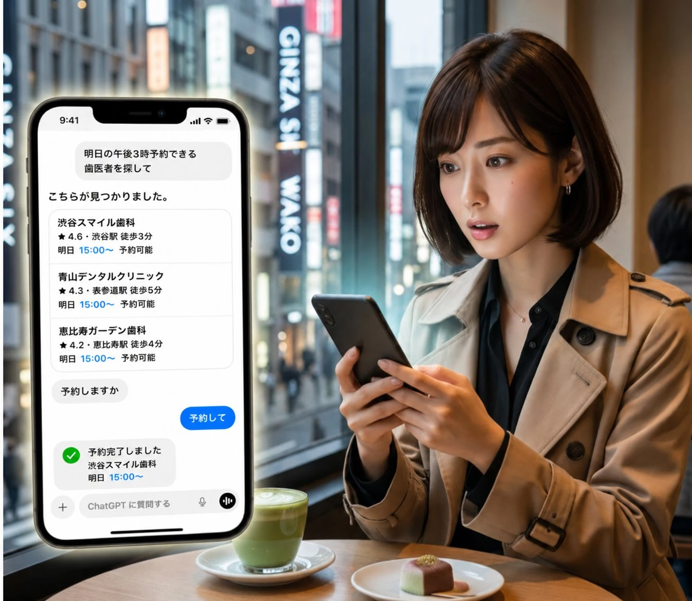 ChatGPTで歯医者を検索・予約する患者のイメージ